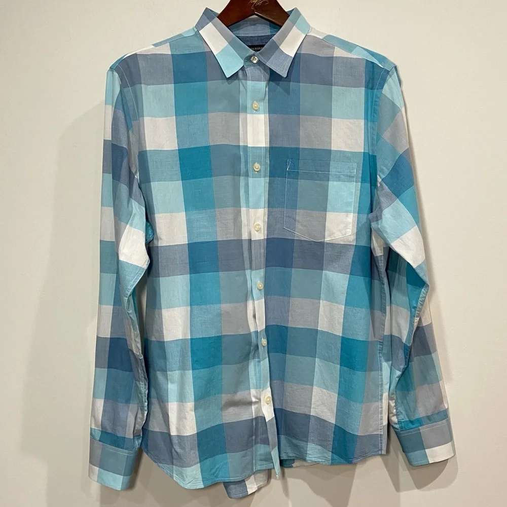 Banana Republic Men's Blue Plaid Button Down Soft Wash Slim Fit Size Large
